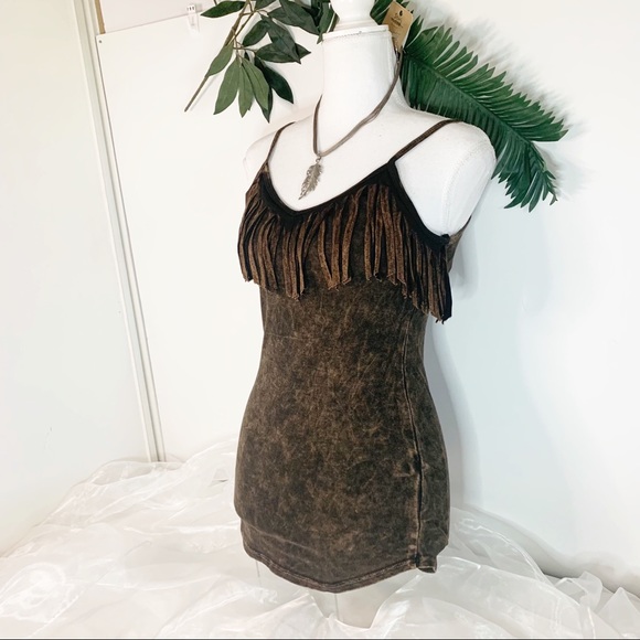 T-Party Fringe Front Cami Tank Top! Mineral Washed Brown - Picture 2 of 8